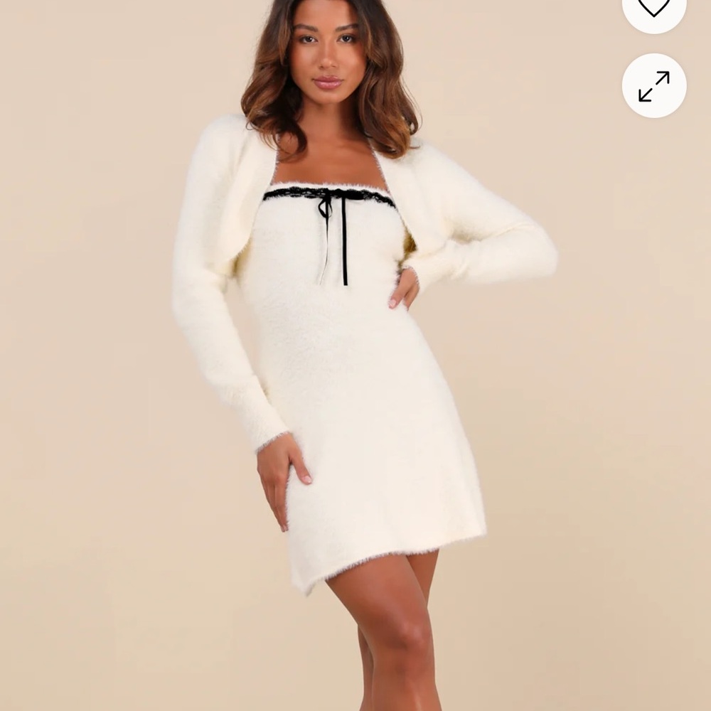 Lulu’s Dynamic Sweetheart Cream Eyelash Knit Mini Dress & Shrug Set